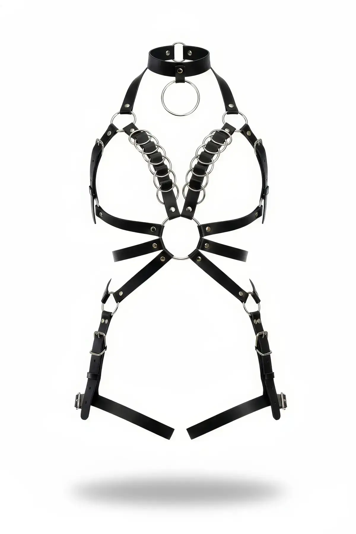 Black Leather Harness Set with Metal Ring Detail and Neck Strap - SH781