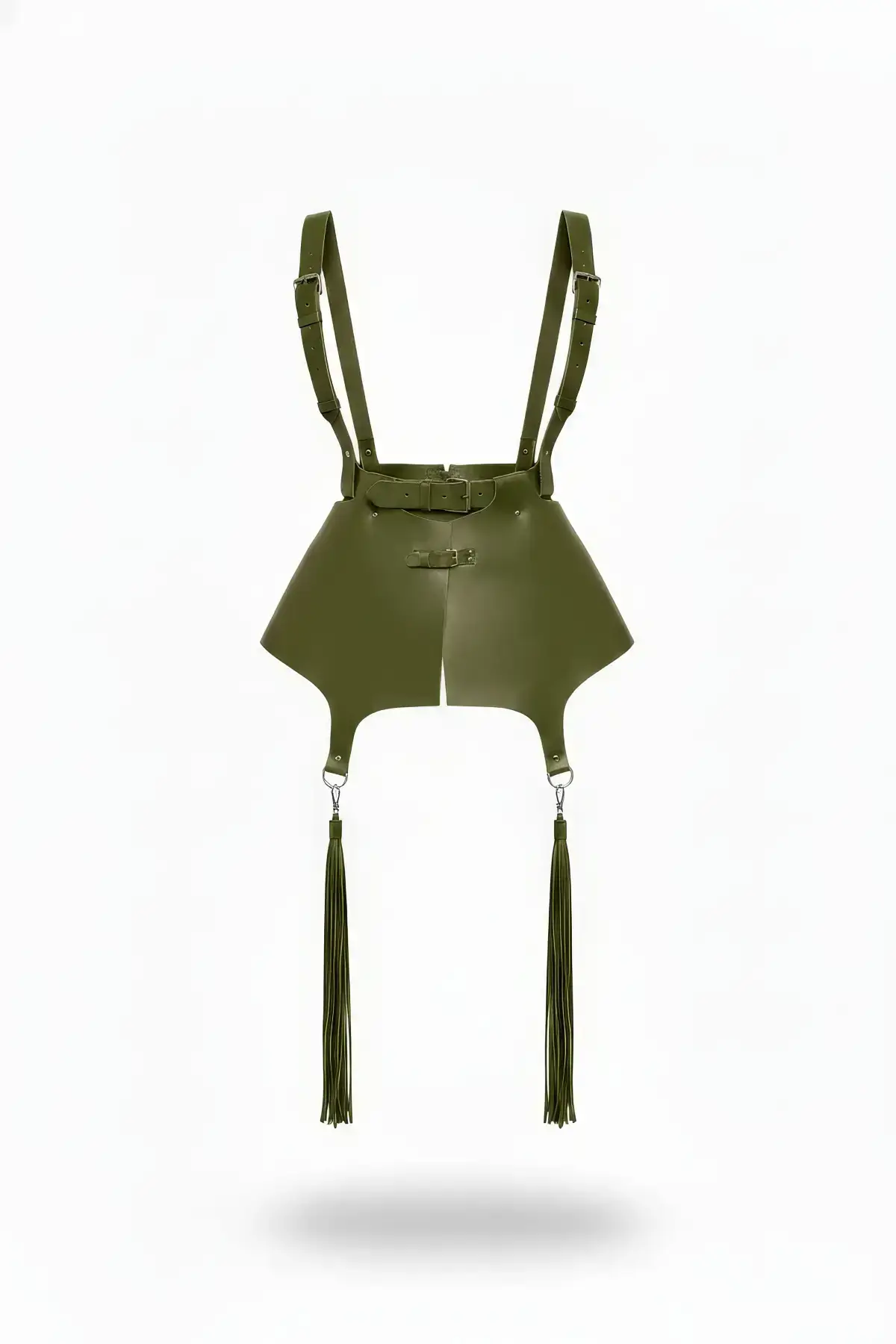 Khaki Skirt with Leather Shoulder Detail and Tassels - SH787