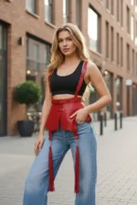 Red Women's Belt with Wide Leather Corset Detail - SH787