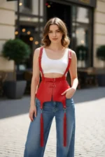 Red Women's Belt with Wide Leather Corset Detail - SH787 - Image 5