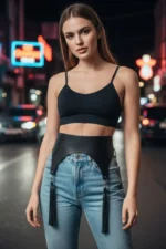 Black Women's Belt, Wide Shape, Tassel Detail, Leather - SH788 - Image 4