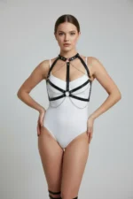 Black Chest Harness with Chain Detail Leather Collar - SH796 - Image 2