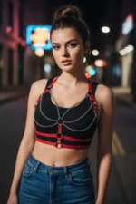 Red Women's Belt with Chain Detail, Multi-Band Body Accessory - SH808 - Image 3