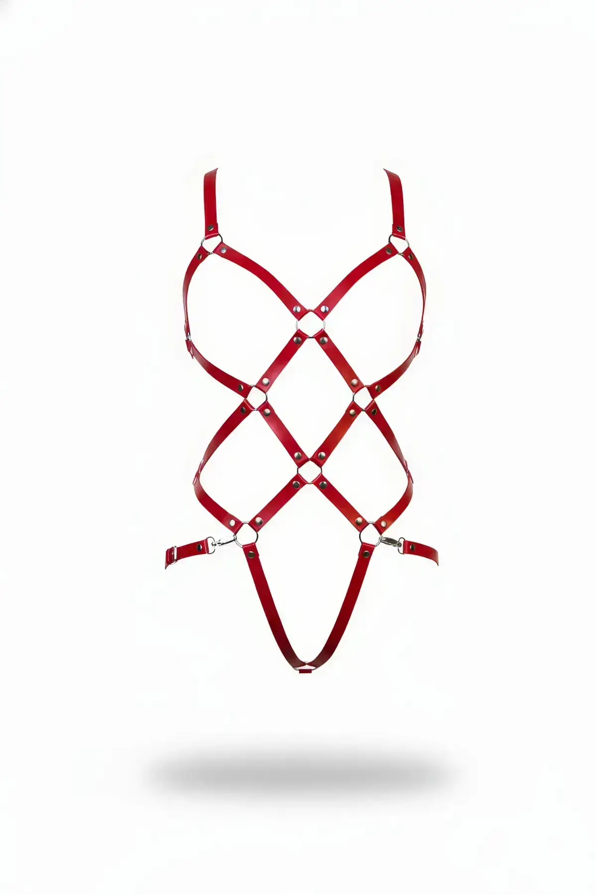 Red Leather Body Harness with Cage Structure and O-Ring Detail - SH811