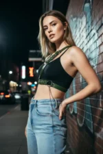 Khaki Women's Belt, Leather Look, Silver Buckle, Perforated - SH813 - Image 2