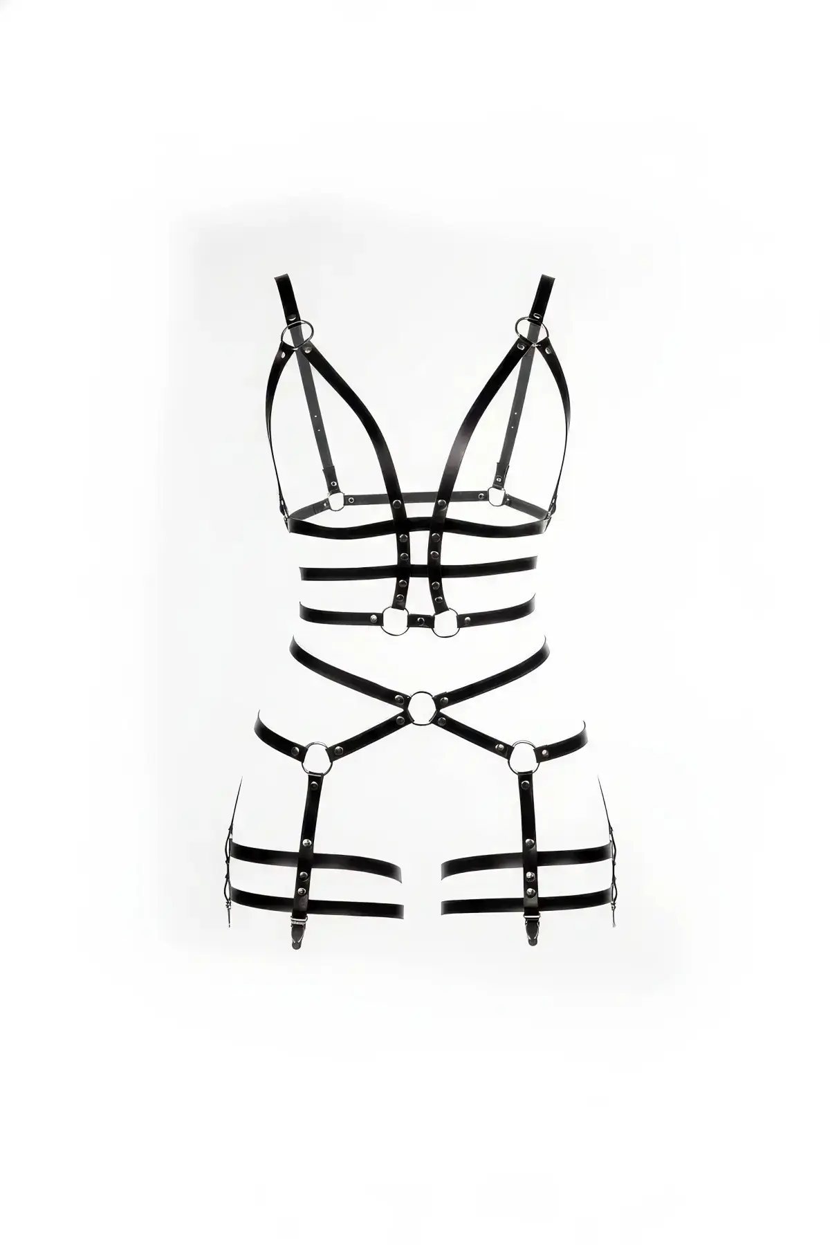 Black Faux Leather Body Harness with Metal Ring Details - SH820