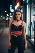 Red Women's Leather Body Harness Belt with Chain Detail - SH824 - Image 3