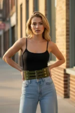 Khaki Women's Belt, Corset Style, Thick Belt with Stud Detail - SH827 - Image 2