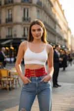 Red Women's Belt, Thick Three-Buckle Waist Accessory - SH827