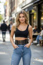 Black Women's Belt, Thick Corset Style, Three Buckle Waist Accessory - SH827 - Image 5