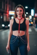 Red Women's Belt with Chain Detail and Ring Connection Leather Accessory - SH840