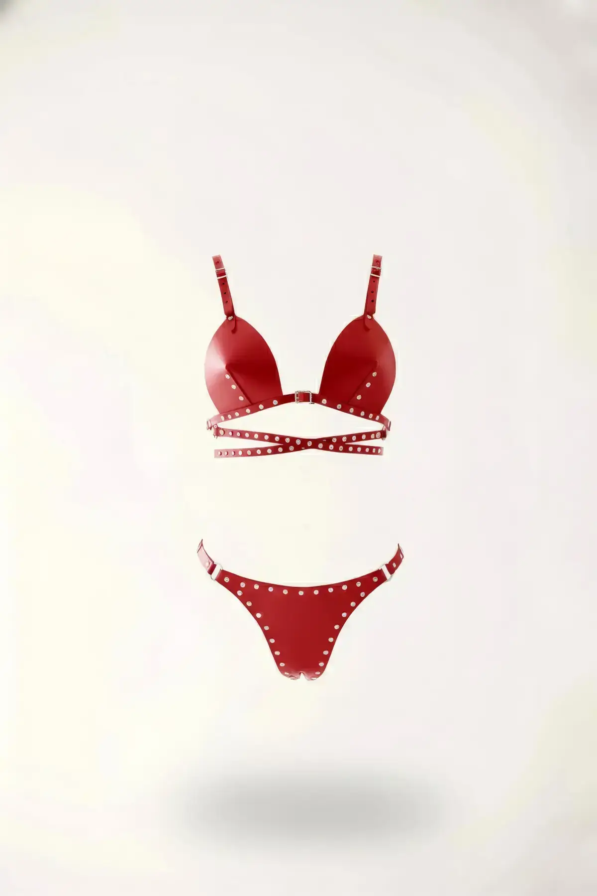 Red Harness Set Studded Faux Leather Bralette - SH849
