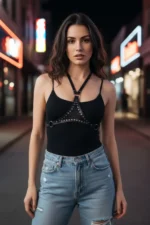 Black Women's Belt with Stud Detail, Faux Leather Body Accessory - SH850 - Image 2