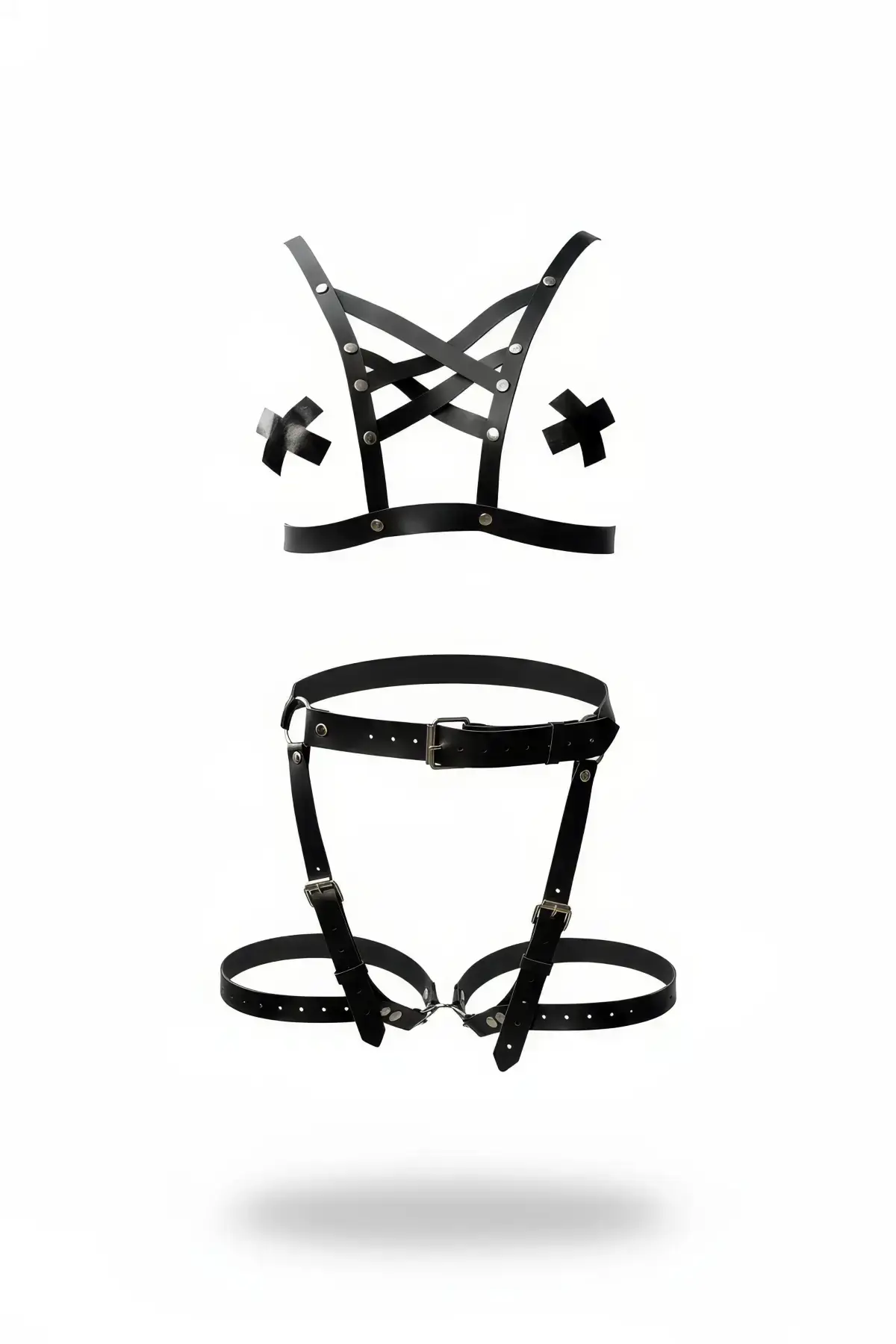 Black Harness Set Leather with Studded Cross Detail - SH866