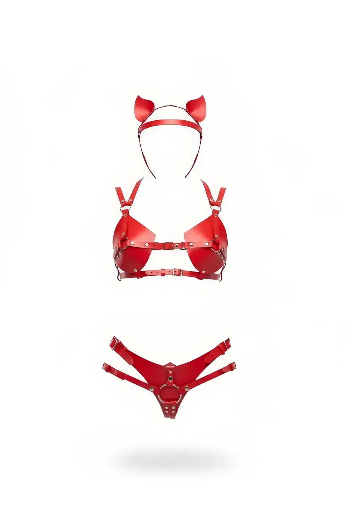 Red Harness Set Faux Leather Studded Bralette - SH871