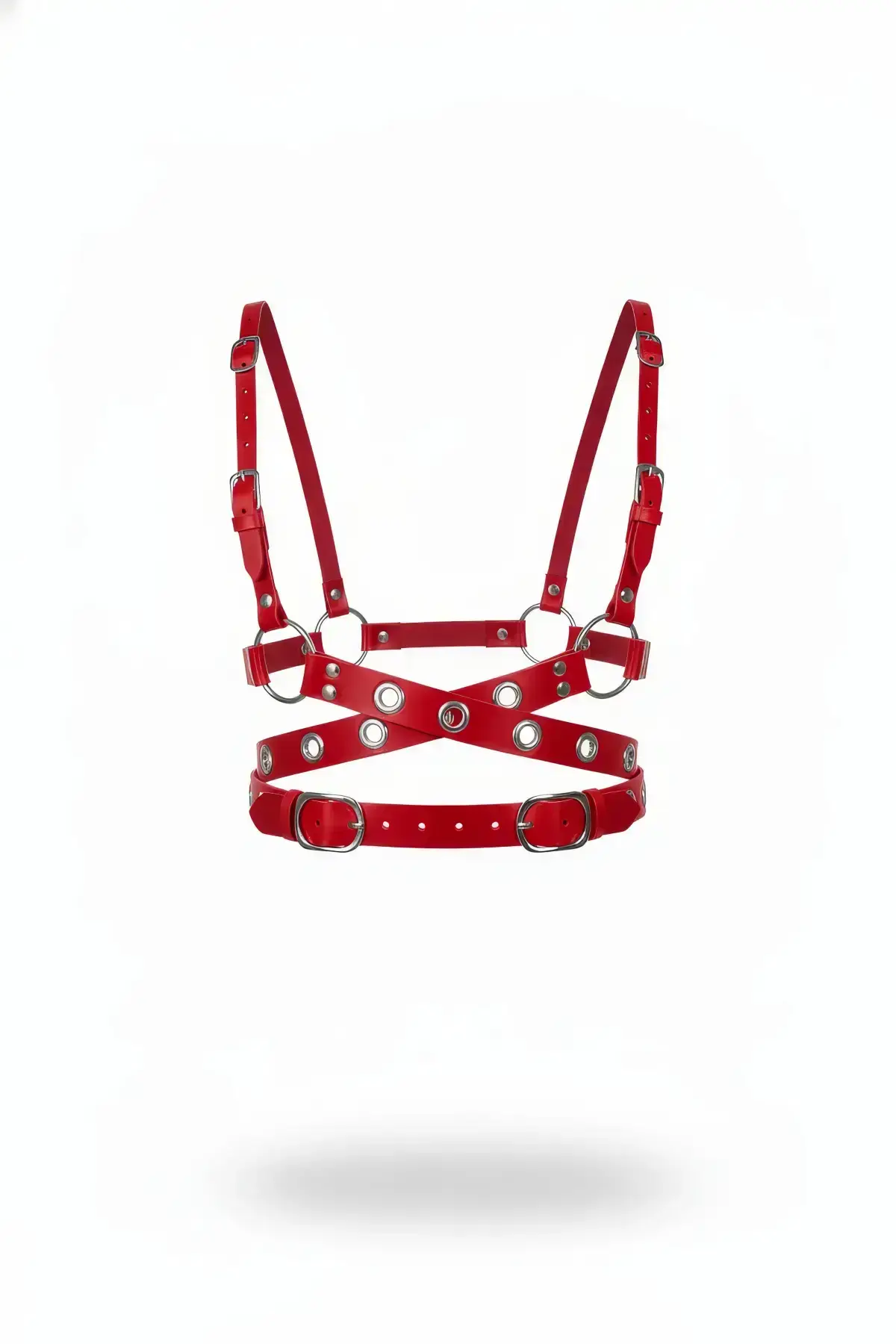 Red Women's Belt with Multiple Straps and Metal Ring Detail - SH890