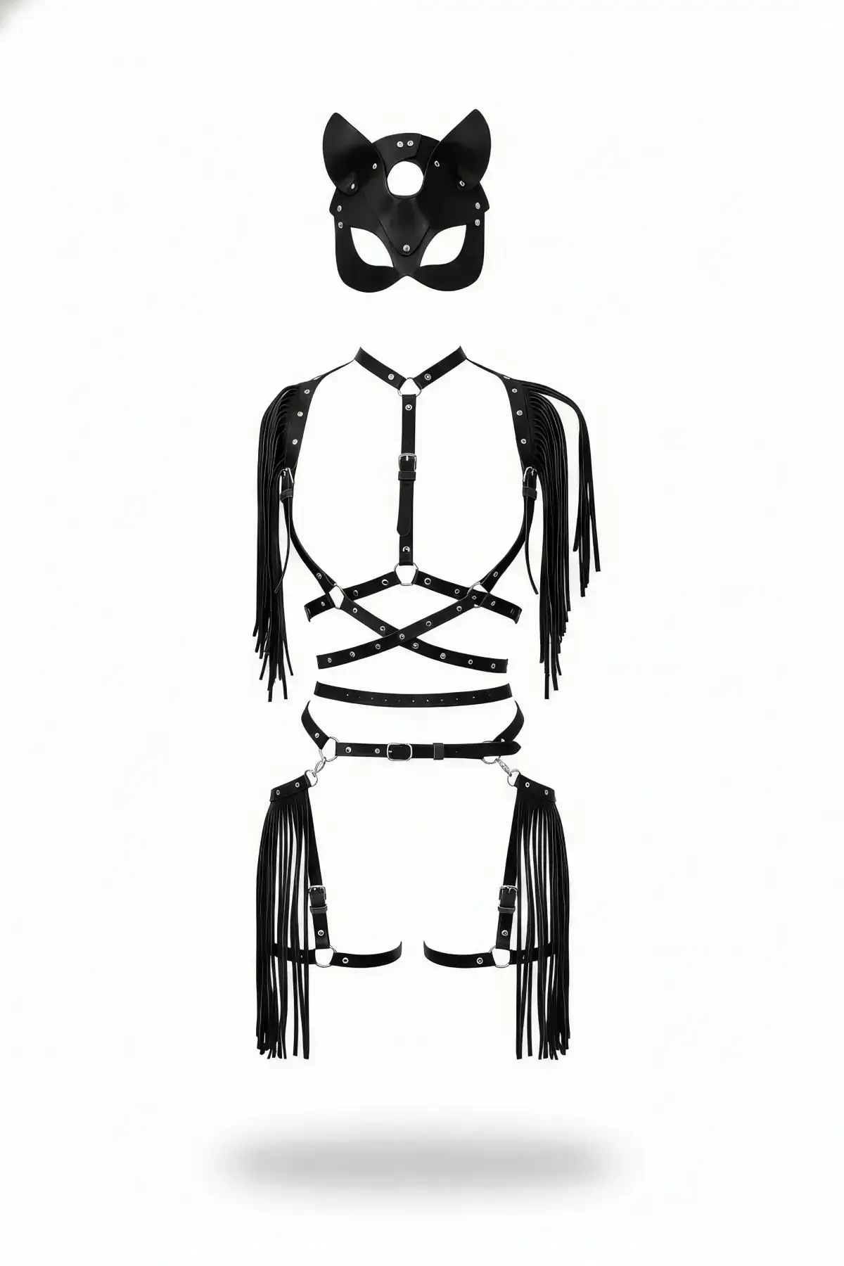 Black Skirt Leather Tassel Buckle Body Accessory Set - SH892