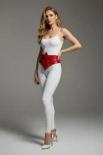 Red Women's Belt with Thick Corset Detail and Studs - SH905 - Image 2