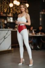 Red Women's Belt with Thick Corset Detail and Studs - SH905 - Image 4