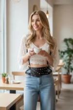 Black Women's Leather Belt Bag with Studded Waistband - SH918