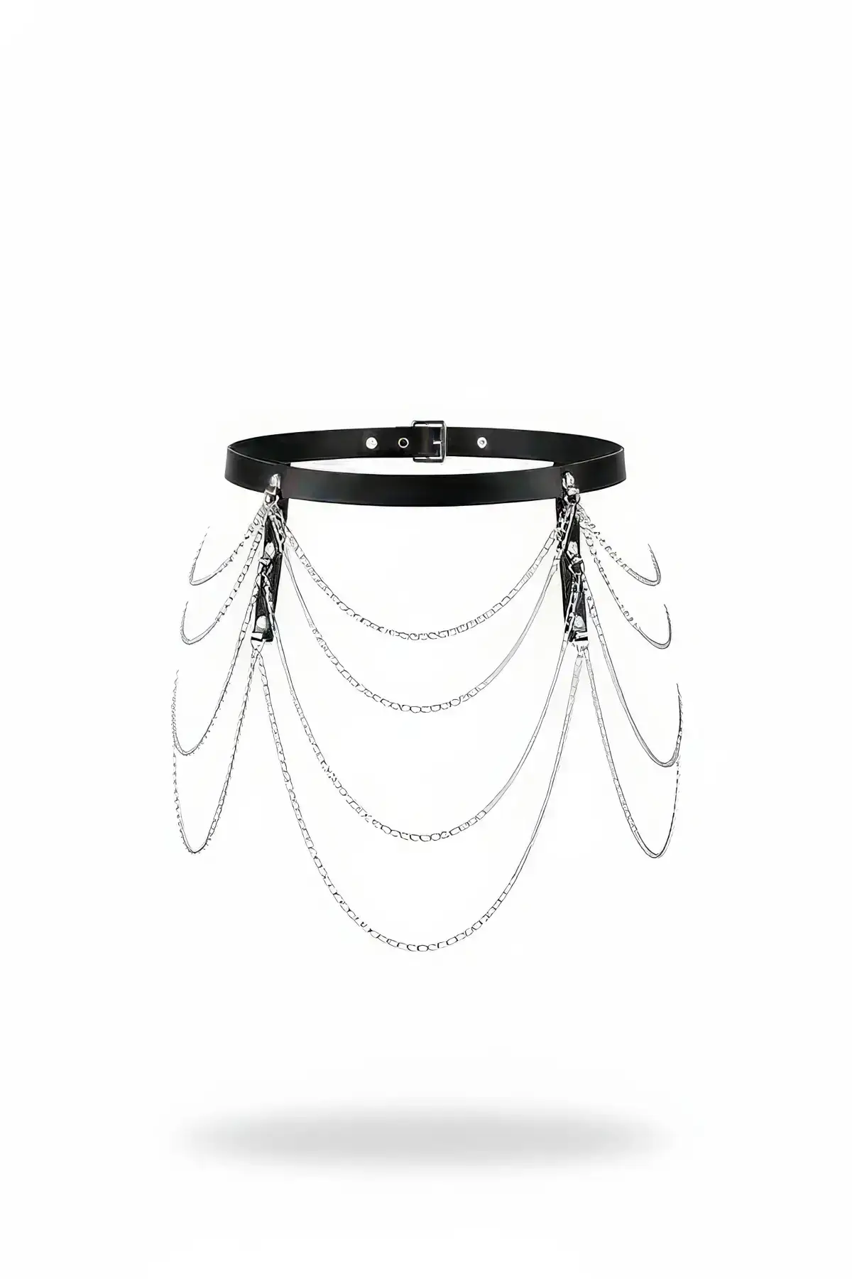 Black Women's Belt with Multi-Layer Chain Detail, Leather - SH921