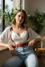 Red Women's Belt with Shoulder Detail and Wide Buckle - SH934 - Image 2