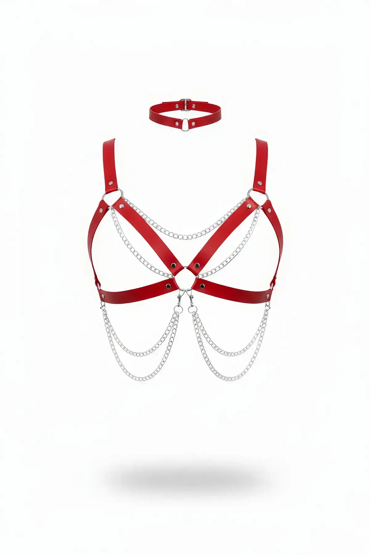 Red Women's Leather Body Accessory with Belt and Chain Detail - SH952