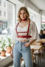 Red Women's Belt Leather Body Accessory with Buckle Vest - SH959