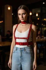 Red Women's Belt Leather Body Accessory with Buckle Vest - SH959 - Image 3