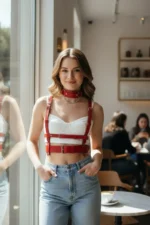 Red Women's Belt Leather Body Accessory with Buckle Vest - SH959 - Image 4