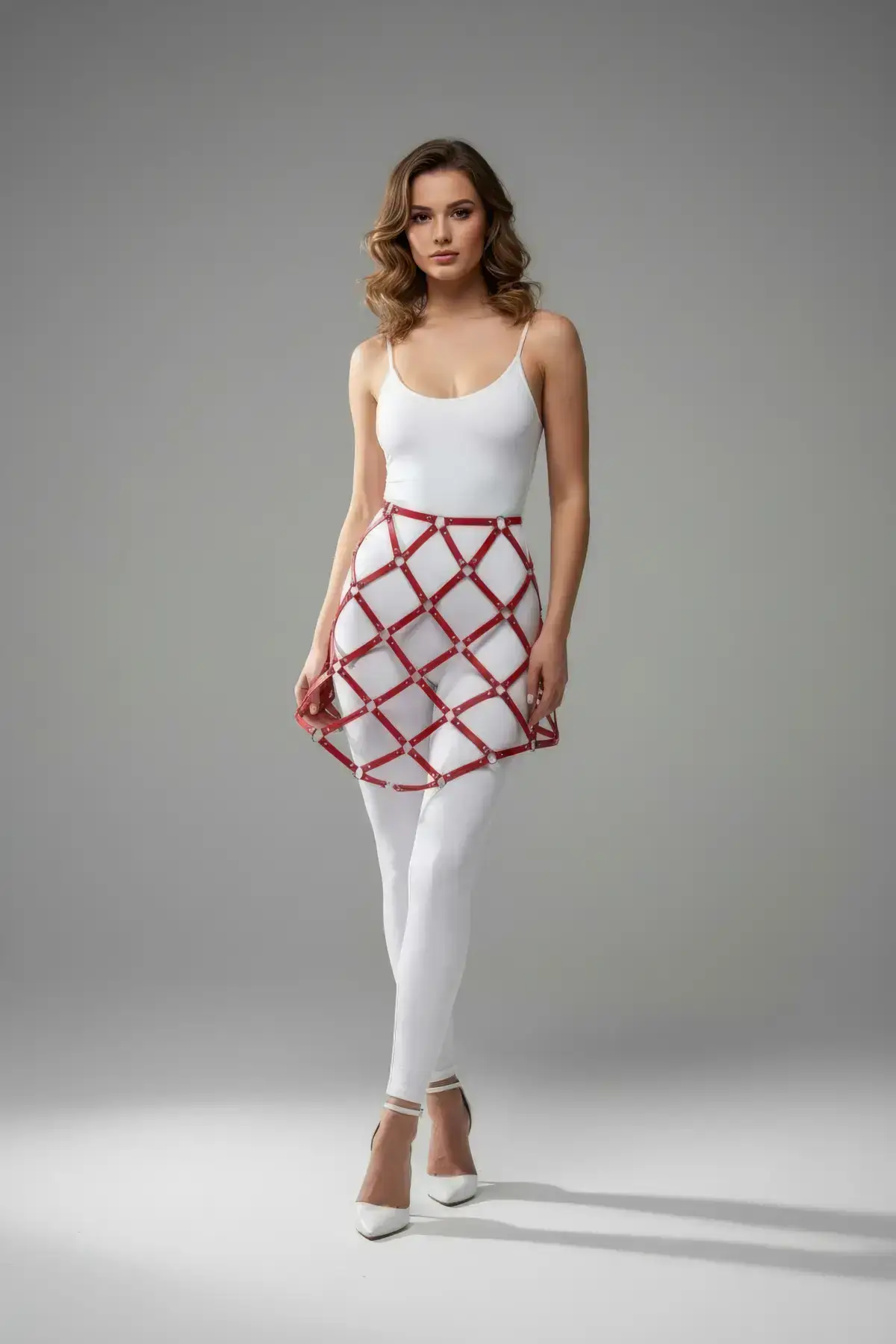 Red Skirt, Faux Leather Skirt, Cage Pattern Mini Skirt - SH982