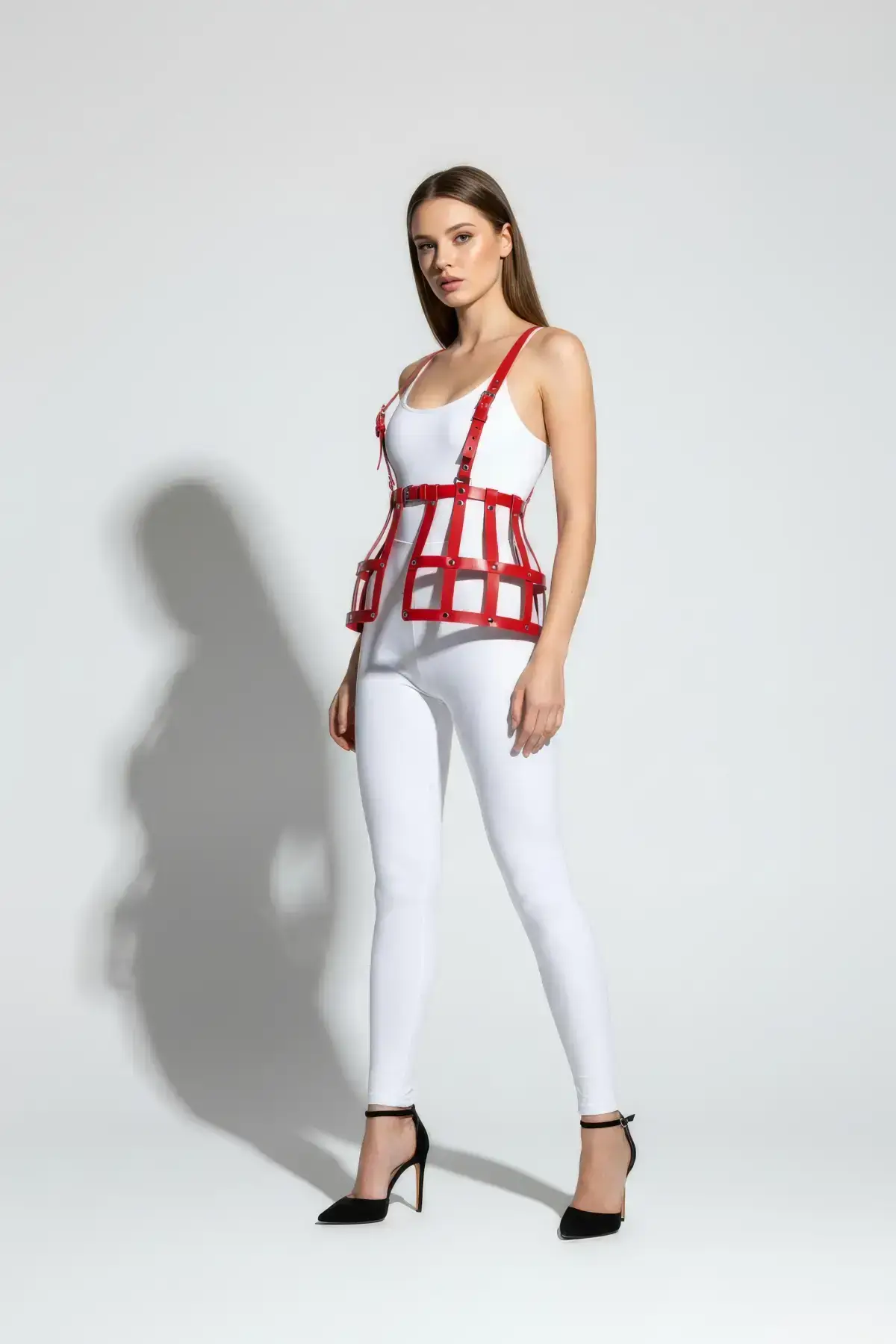 Red Skirt with Leather Cage Detail, High Waist Skirt, Corset - SH983