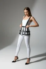 Black Skirt with Leather Cage Detail, High Waist Skirt - SH983 - Image 3