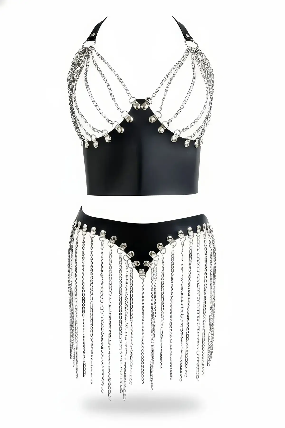 Black Skirt with Chain Tassels, Faux Leather Mini Skirt - SH994