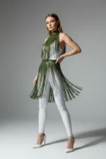 Khaki Faux Leather Skirt with Tassels Party Dress - SH997