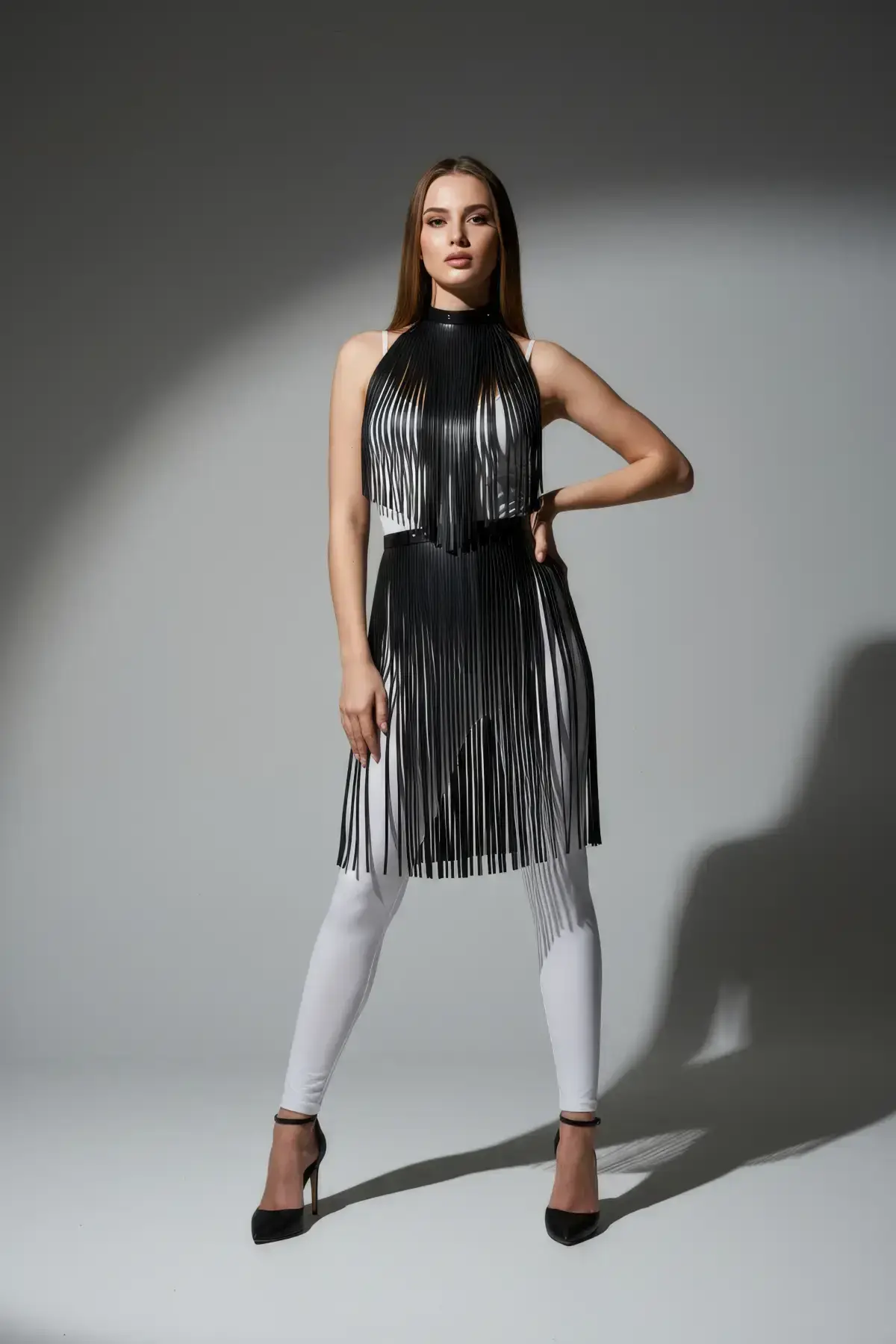 Black Skirt with Leather Stripe Detail, High Waist Skirt - SH997