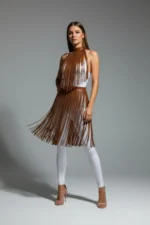 Brown Skirt with Tassel Detail, High Waist Skirt - SH997 - Image 3