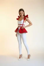 Red Leather Skirt with Ruffled Shoulder Peplum - SH1001 - Image 3