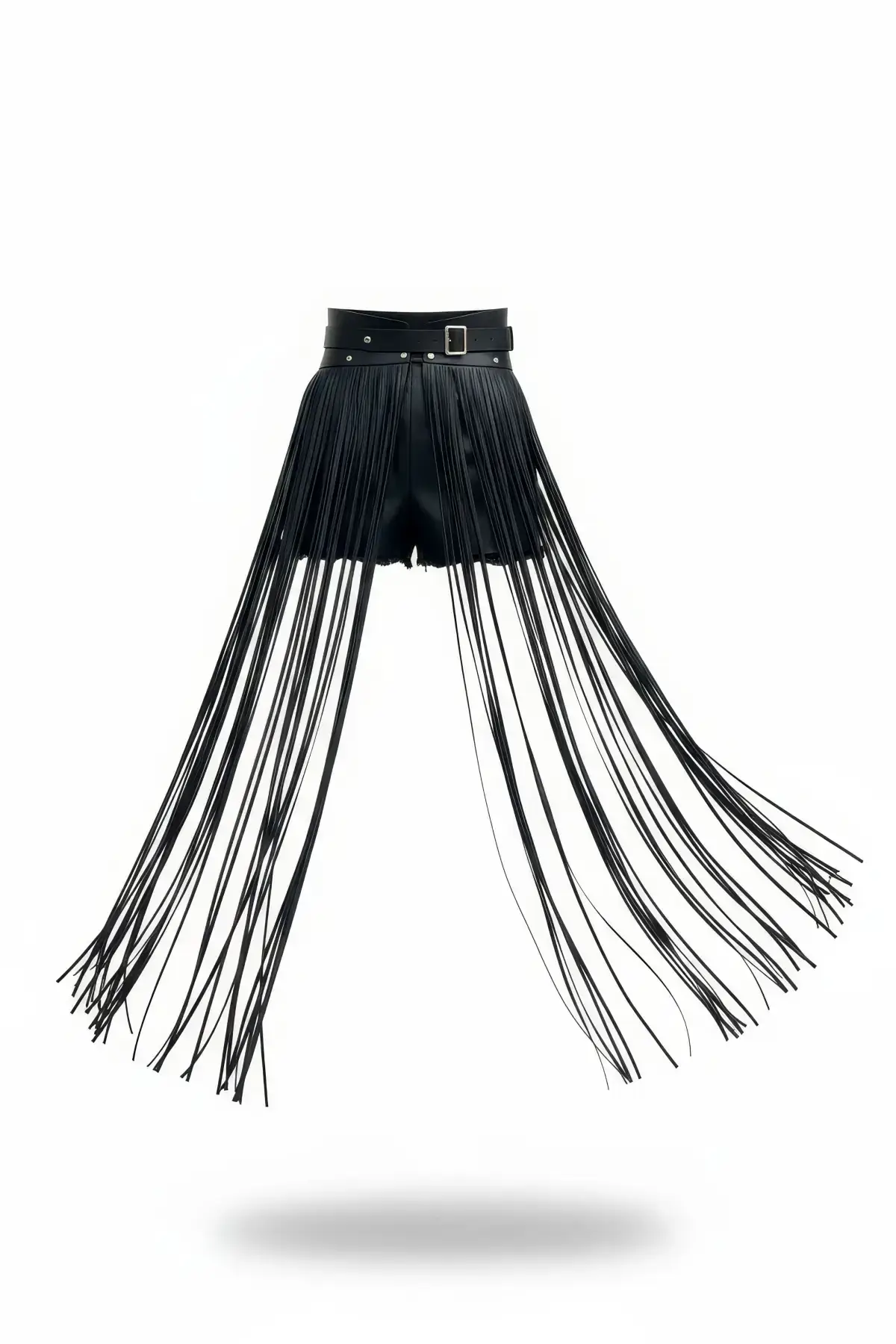 Black Faux Leather Skirt, Long Tasseled High-Waisted Skirt - SH1003