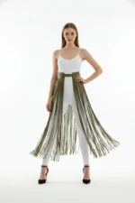 Khaki Skirt, Long Tasseled High-Waisted Skirt - SH1003