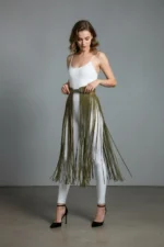 Khaki Skirt, Long Tasseled High-Waisted Skirt - SH1003 - Image 2