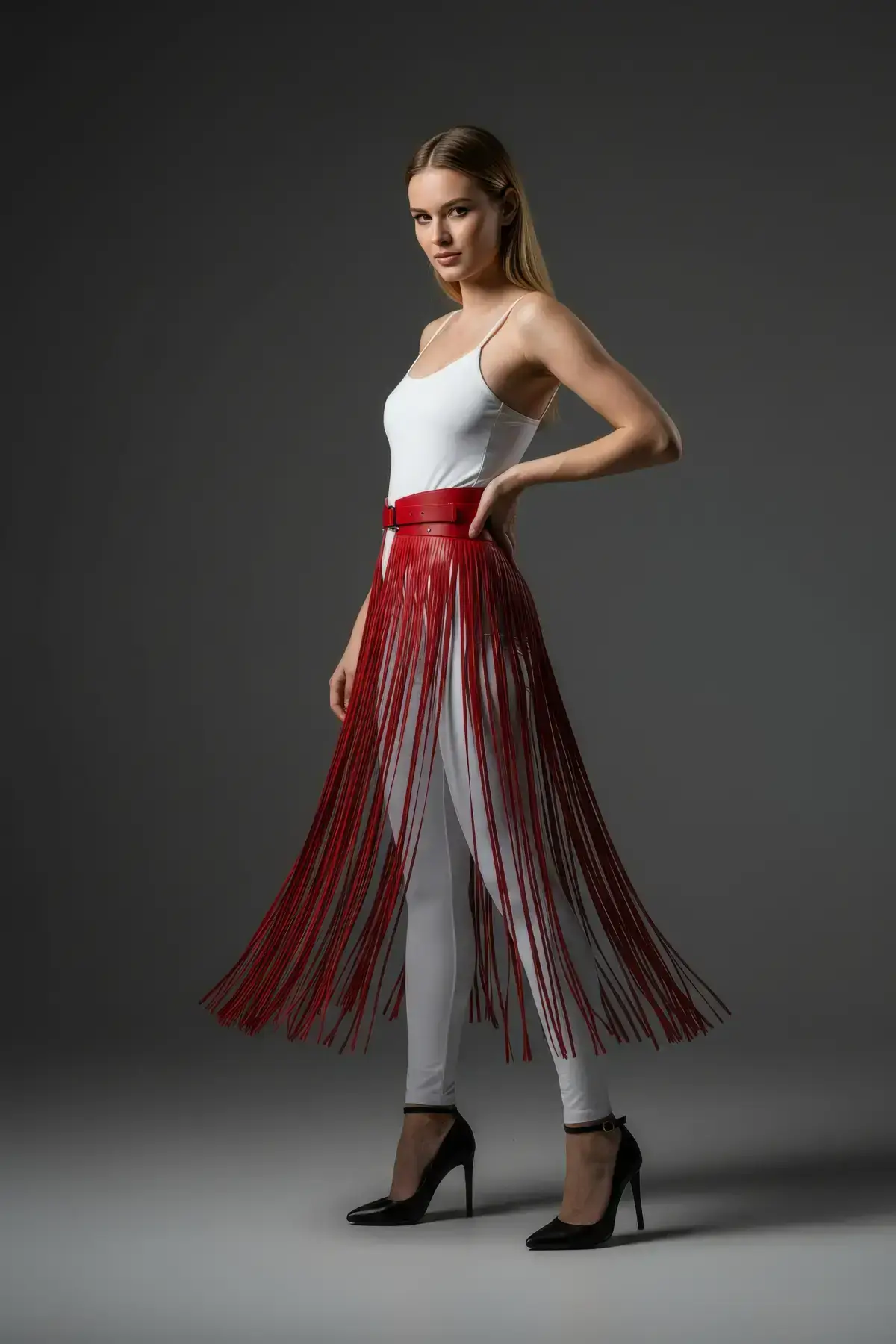 Red Skirt, Long Skirt with Tassel Detail, Faux Leather Skirt - SH1003