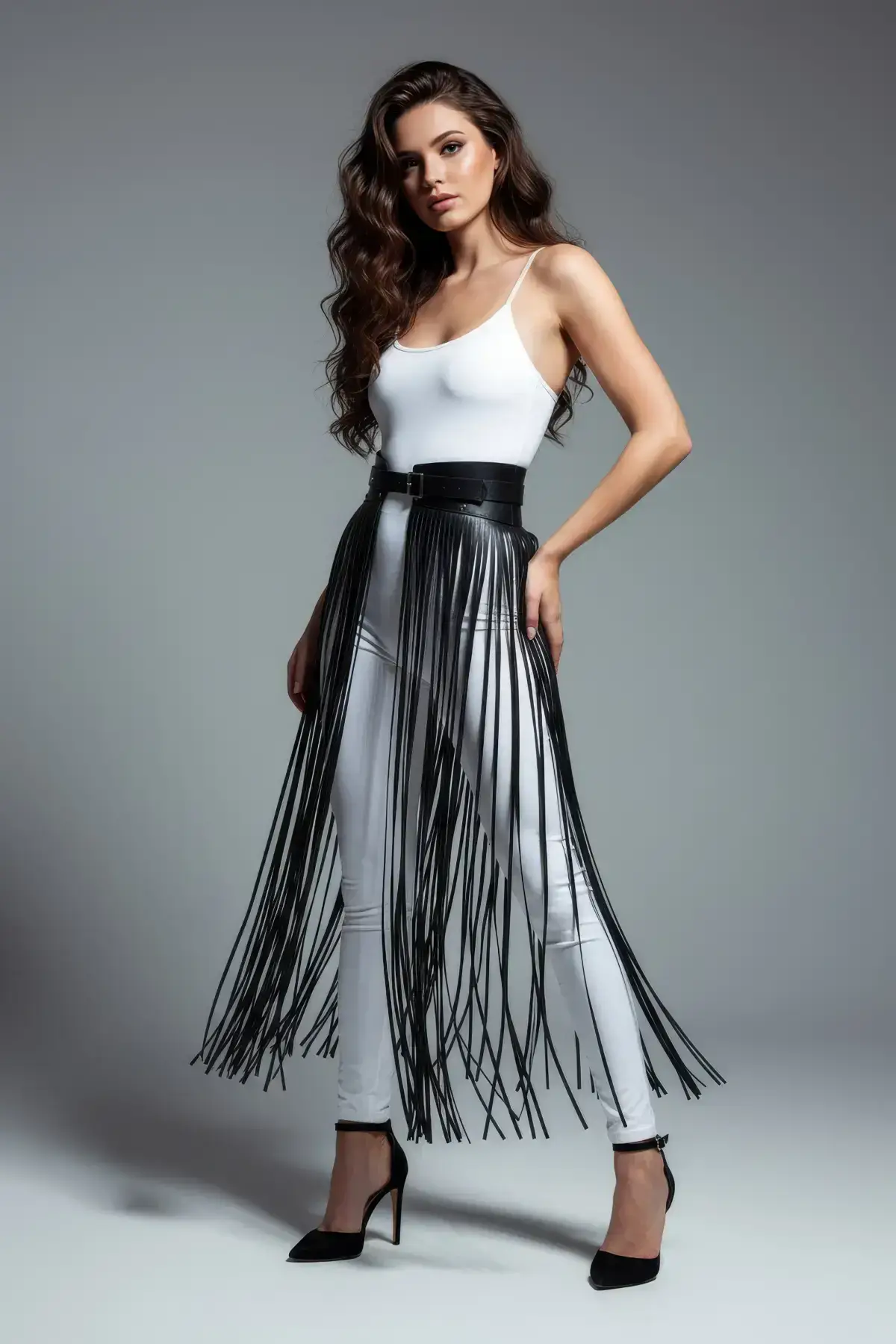 Black Faux Leather Skirt with Tassels, Long High-Waisted Skirt - SH1003