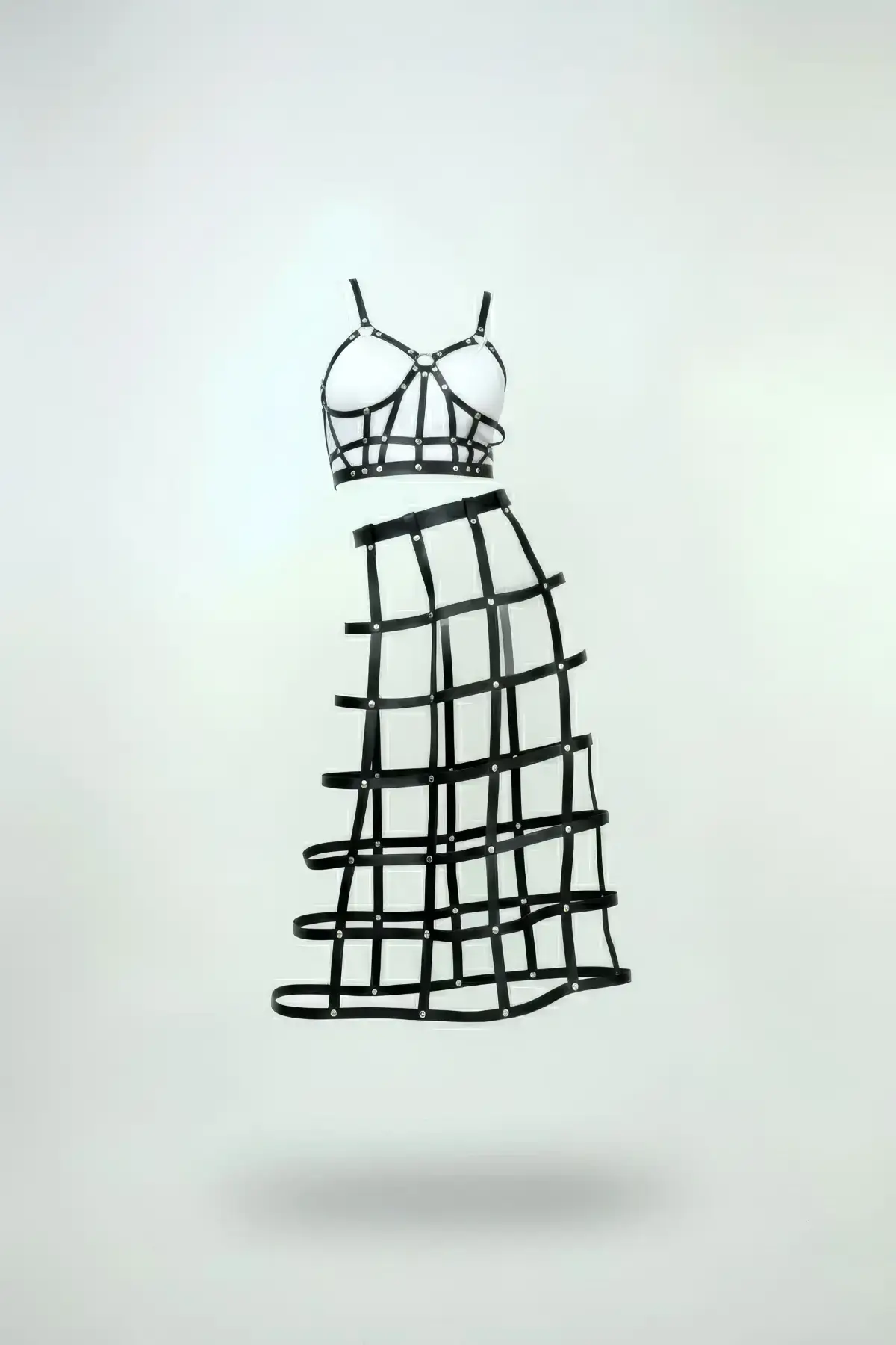 Black Skirt, Faux Leather Skirt, Cage Detail Skirt, Midi Length Leather Skirt - SH1013