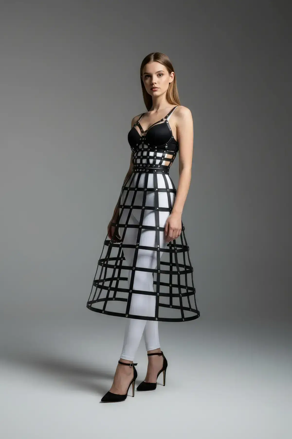 Black Women's Skirt, Faux Leather Skirt, Cage Pattern Midi Length Leather Skirt - SH1013