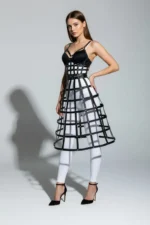 Black Women's Skirt, Faux Leather Skirt, Cage Pattern Midi Length Leather Skirt - SH1013 - Image 2