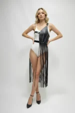 Black Faux Leather Skirt with Studs and Long Tassels - SH1014 - Image 3