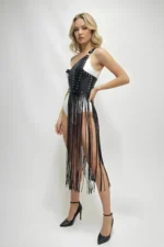 Black Faux Leather Skirt with Studs and Long Tassels - SH1014 - Image 5