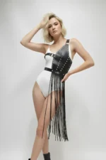 Black Faux Leather Skirt with Studs and Long Tassels - SH1014 - Image 6