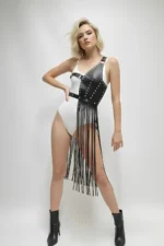 Black Faux Leather Skirt with Studs and Long Tassels - SH1014 - Image 8